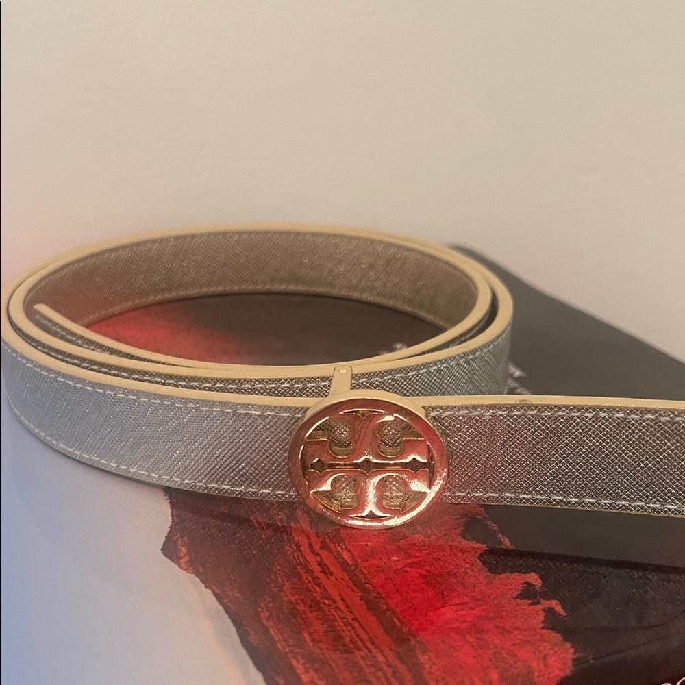 Tory Burch Reversible Gold & Silver Metallic Logo Belt